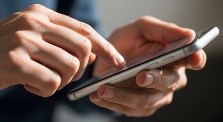 Fototapeta premium Close-up of Person's Hands Holding and Interacting with a Modern Smartphone Screen.