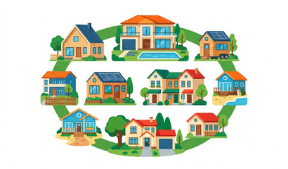 Fototapeta premium Variety of residential homes with solar panels and pool