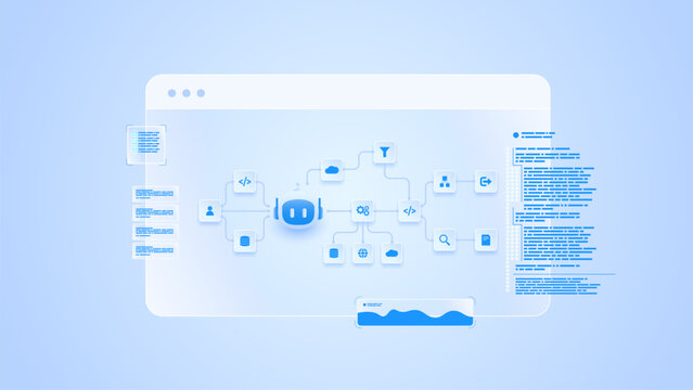 AI workflow automation artificial intelligence. ai agent with search function, data sources, filtering nodes, coding steps, and automation system.