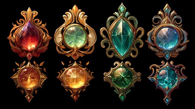Set of ornate jewel-like emblems glowing with inner light on black background, fantasy style