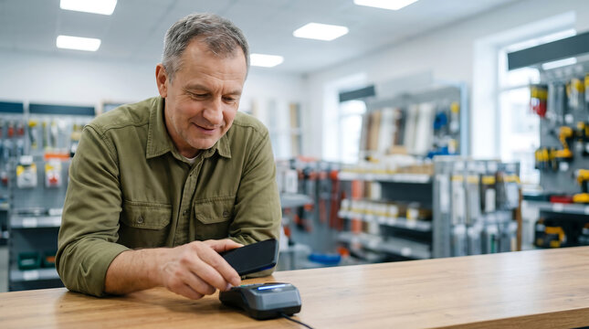 Middle-aged man using NFC technology to make a payment with smartphone at a wooden counter inside a hardware store with tools in the background