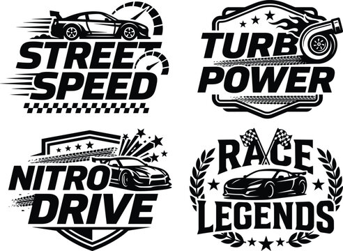 A array of four proficient vector racing emblems featuring car designs and bold typography typography.