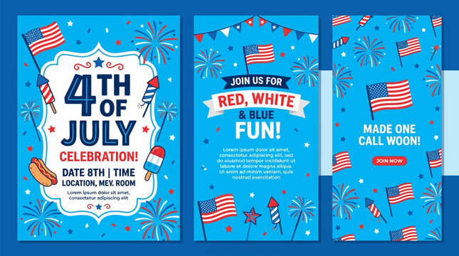 Patriotic 4th of july celebration flyer templates with american flags fireworks and red white and blue decorations