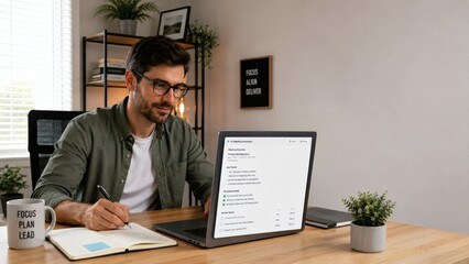 Fototapeta premium Man sitting at desk working on laptop and writing in notebook with motivational quotes around him