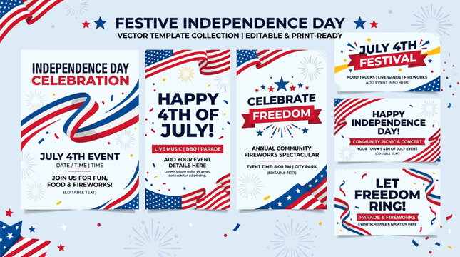 Festive independence day vector templates for 4th of july celebrations with patriotic flyers and banners
