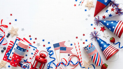 Obraz premium Party supplies arranged on a white background create a festive border for Independence Day celebrations featuring American flags, paper hats, colorful streamers, and stars that offer ample space for.