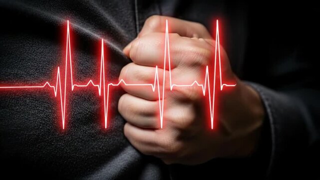 Cardiovascular health awareness, heart problem symbol, chest pain symptom, electrocardiogram line indicating disease risk, and medical treatment concept