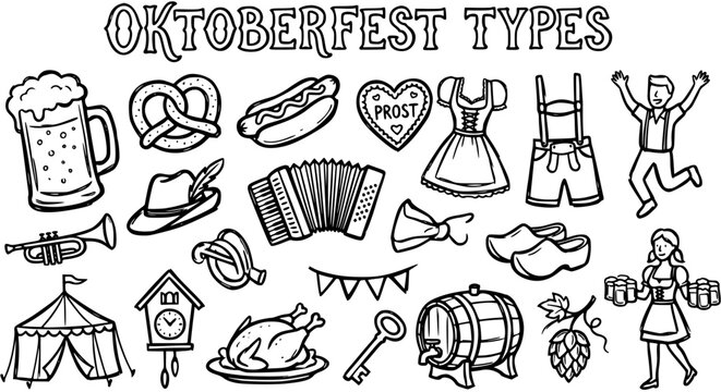 Oktoberfest Icons Line Art: Beer Mug, Pretzel, Sausage, Accordion, Dirndl, Lederhosen, Turkey, Barrel, Hop