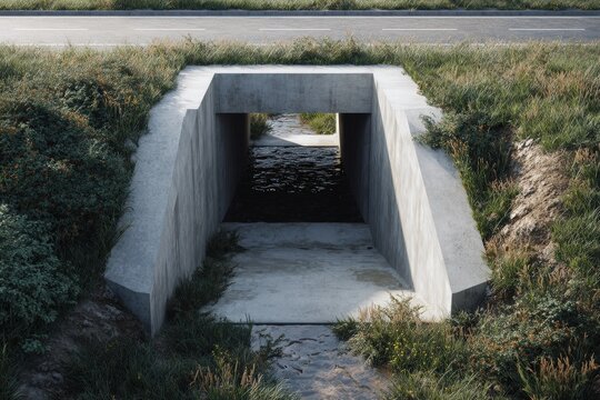 Realistic newly built concrete box culvert under rural road surrounded by grass and drainage