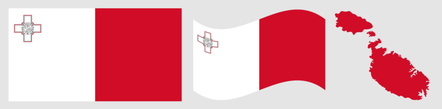 Malta Flag and Map Kit. National Flag with George Cross Emblem, Waving Flag Element, and Geographic Islands Outline Map in Red and White Colors Isolated on Light Gray Background