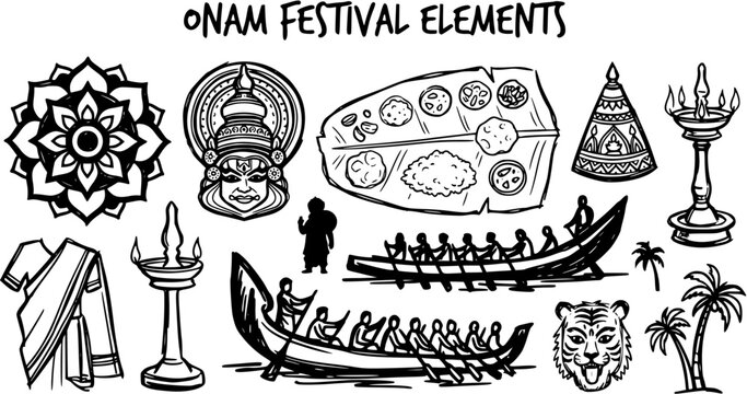 Onam Festival Elements, Black and White Line Art Illustration of Kerala Culture and Traditions