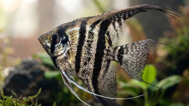 Angelfish swimming in a freshwater aquarium with aquatic plants.