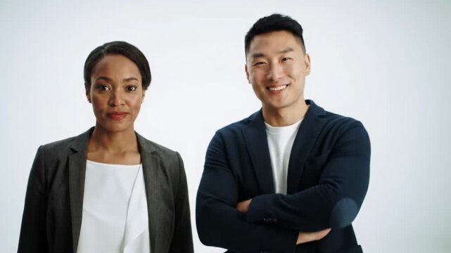 Two diverse business professionals in smart business-casual attire, in a bright, sleek studio space, share a nod of agreement. Concept of strategic alignment and collaborative success