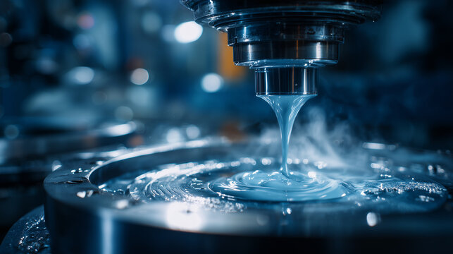 Advanced CNC milling machine with liquid coolant flow during precision metal machining process in modern industrial manufacturing facility