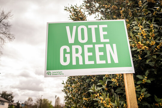 LONDON -  BROCKLEY SE4 - Lewisham Green Party Vote Green election sign residential street