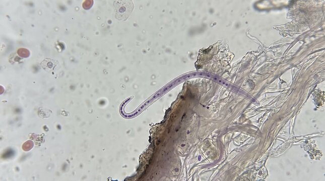 Dipetalonema Streptocerca Microfilaria Crooked Tail Skin Snip. Mansonella streptocerca microfilaria with characteristic crooked shepherd crook tail in skin snip wet mount preparation.