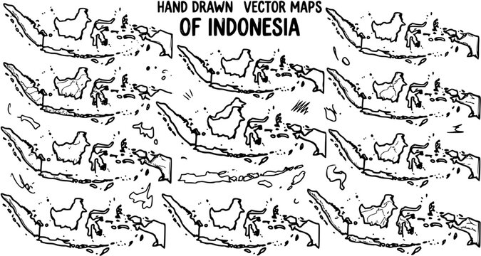 Hand Drawn Black and White Line Art Vector Maps of Indonesia. Doodle Style Outlines for Geography, Travel, and Education Design.