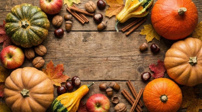 Autumn Harvest Bounty: A rustic wooden table adorned with a vibrant assortment of pumpkins, gourds, apples, nuts, acorns, cinnamon sticks, and colorful autumn leaves.
