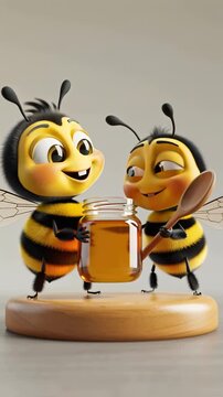 A cute and kind cartoon bee with a jar of honey