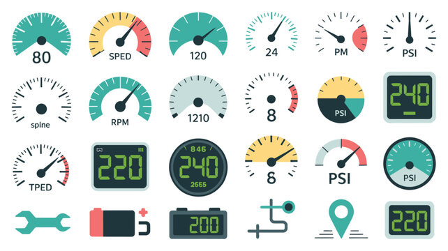 car dashboard indicators set featuring speed gauge, fuel meter, temperature display and various automotive warning icons in modern vector illustration style.