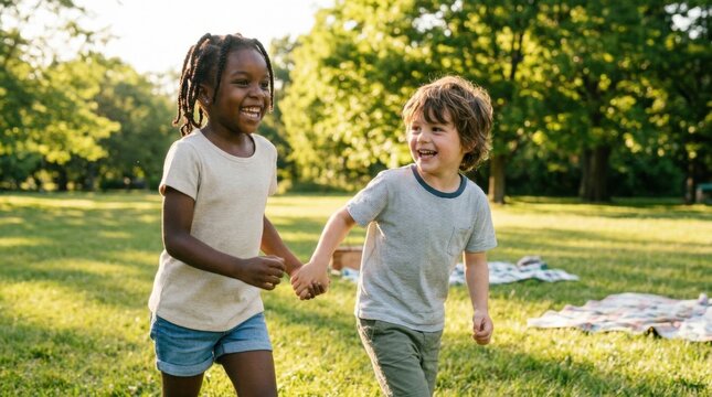 Joyful Childhood Friendship: Two young children, a girl and a boy, holding hands and running through a sunny park, their faces lit with laughter and happiness.