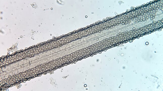 Microsporum Audouinii Ectothrix Hair Invasion Fluorescence. Microsporum audouinii ectothrix spores surrounding hair shaft in Wood lamp fluorescent and KOH hair mount preparation.