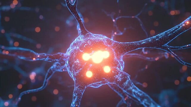 A glowing biological neuron transmitting electrical signals in deep space