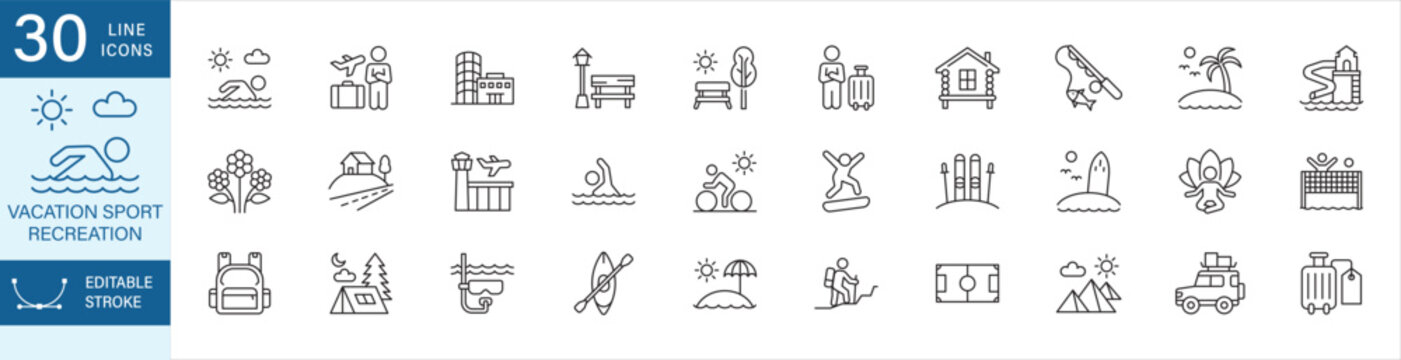 Vacation, recreation icon set. Featuring symbol : backpack, shopping, rural road, yoga, sport,  fishing, water park, off road, snorkeling, flight, flower garden, camping, swimming, beach, road trip.