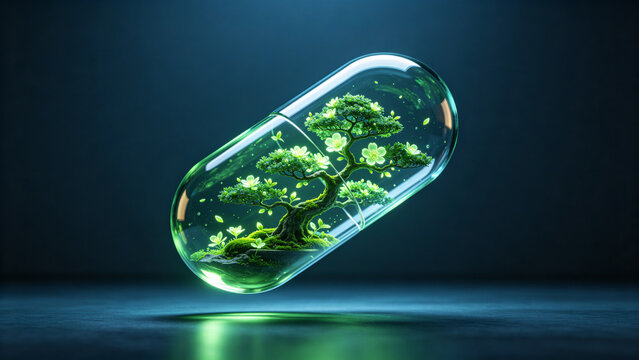 Transparent glass medical capsule containing a miniature glowing green bonsai tree, advanced biotechnology and pharmacy concept.