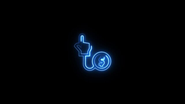 Neon glowing icon of a hand cursor clicking on a dollar coin symbol, representing pay per click, digital marketing, or online financial transactions
