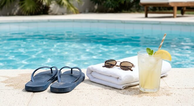 Summer relaxation concepts with cold drink and flip flops by the swimming pool