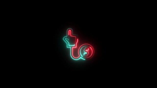 Neon glowing icon of a hand cursor pointing at a dollar coin symbol, representing payperclick advertising, digital marketing, and online financial transactions