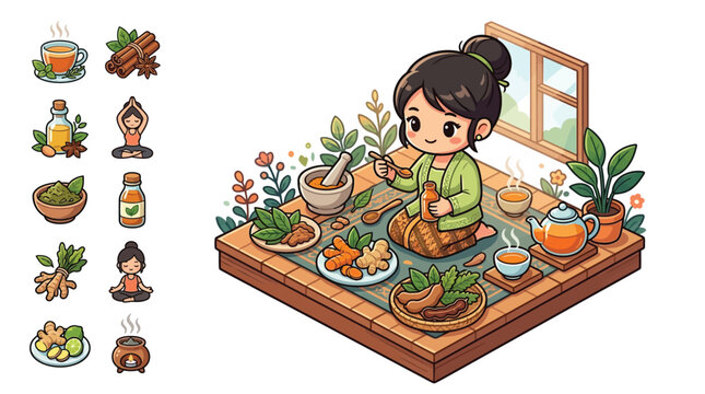 Cute chibi girl in traditional Indonesian kebaya preparing jamu herbal medicine with turmeric and ginger in an isometric room. Includes icons for yoga, herbs, and natural wellness.