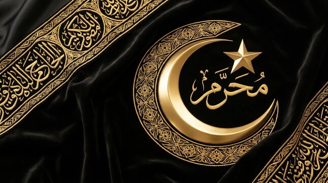 Golden crescent and star on luxurious black fabric, adorned with sacred calligraphy, symbolizing Islamic faith and celebration for a new beginning