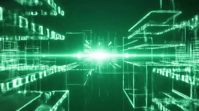 A digital city skyline rendered with glowing green binary code data