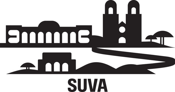 Suva city skyline silhouette with iconic buildings and palm trees, black vector illustration representing a cityscape with tropical elements