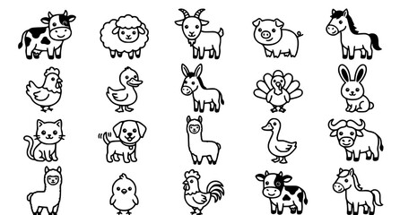 A collection of 20 cute cartoon farm and domestic animals in black and white line art for coloring and educational purposes © Morjina