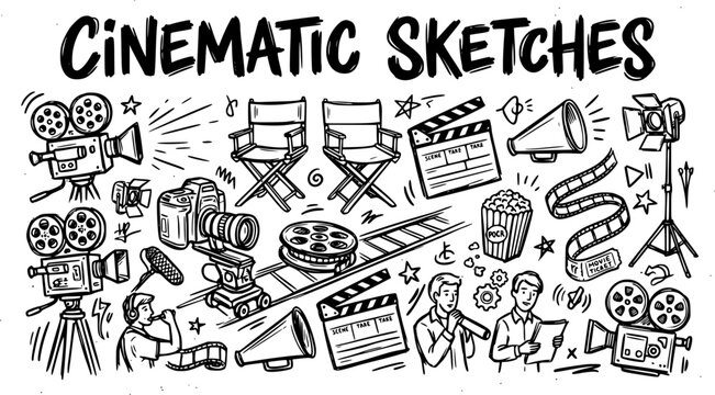 Cinematic Sketches: Black  White Hand-drawn Line Art Doodles of Film Production Equipment, Movie Making Icons  Entertainment Elements