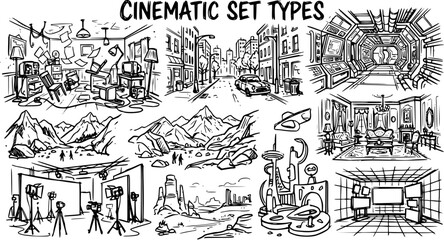 Obraz premium Cinematic Set Types: Black White Line Art Illustrations for Film Production, Featuring Diverse Movie Environments and Studio Concepts