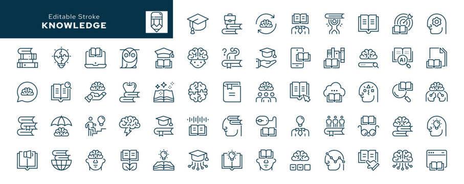 Knowledge outline icons set. Cognition, education, studying, book, intelligence, brain, e- learning, learn, read, think and more. Line icon in linear style. Vector collection