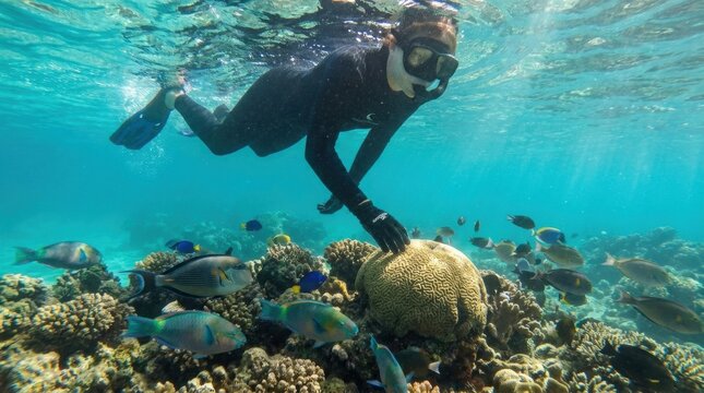 Snorkeler Explores Vibrant Coral Reef: A lone snorkeler, clad in a full wetsuit, glides over a breathtakingly colorful coral reef teeming with diverse marine life.