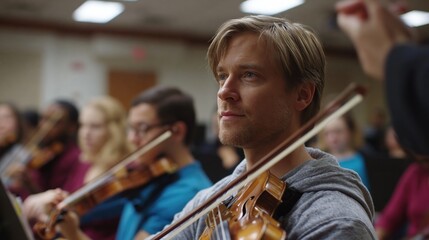 Fototapeta premium Novice string ensemble following instructor gesture during rehearsal