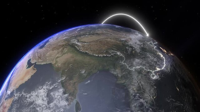 Realistic 3D Earth Night Flight Path Arc from Boston United States to Hong Kong China