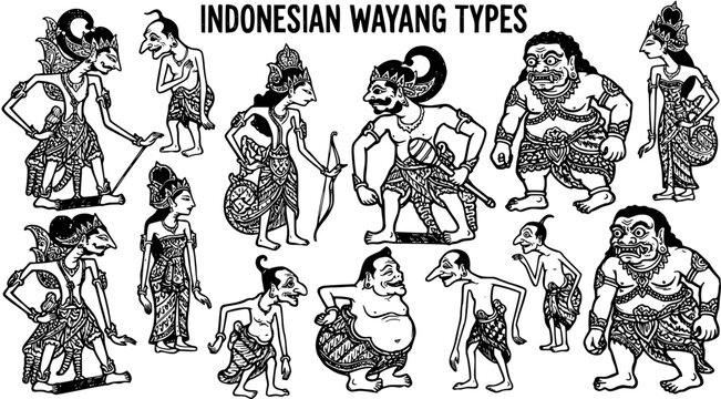 Indonesian Wayang Puppet Types Vector Set. Black and White Line Art Illustration of Traditional Characters for Culture and Folklore Design.