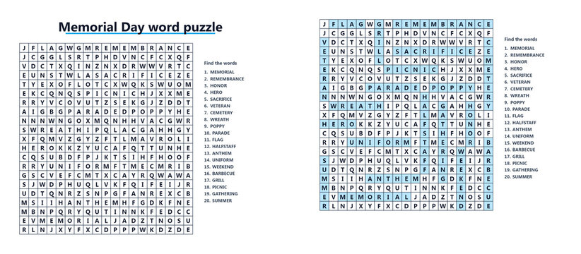 Memorial Day word seek puzzle sheet with holiday themed vocabulary for education, remembrance and patriotic activity printable worksheet