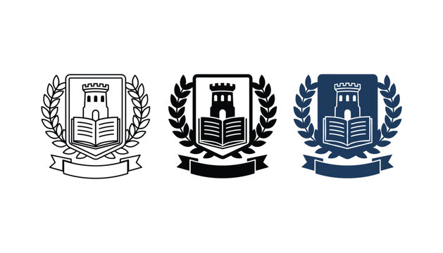 Academic crest emblem featuring a tower and open book with laurel wreath in outline solid black and blue color variants for school university branding and education website graphic design assets