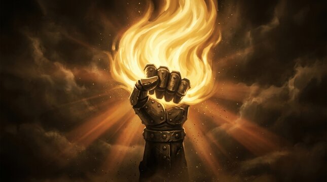 Fist of Fire: A powerful, armored fist clenched around a flaming torch, held aloft against a dramatic sky of swirling clouds and radiant light, symbolizing intense passion, indomitable spirit.