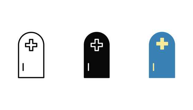 Medical tombstone headstone grave icon set featuring clean outline solid black and blue colored styles for mortuary services funeral home branding or cemetery map design elements and graphics