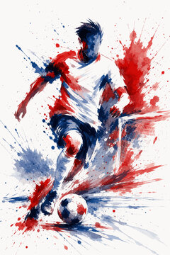England national football team wallpaper, banner, poster, background. England national team colors on dynamic soccer player kicking a ball with watercolor paint splatters