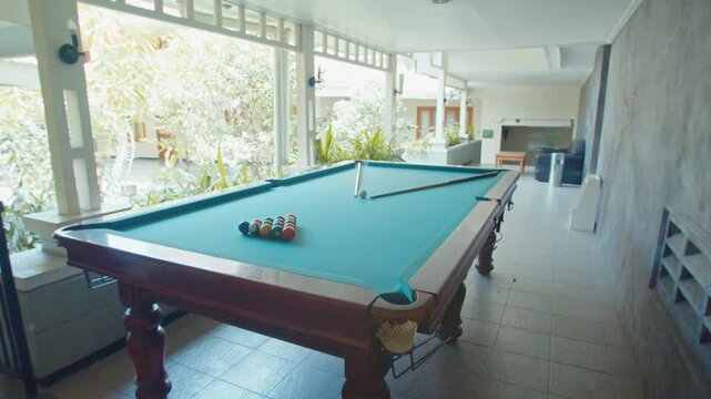 Billiard Table with Arranged Balls at Outdoor Hotel Area